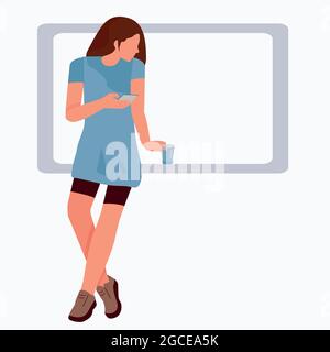 A young girl communicates on a dating site using her phone. Vector. Video communication concept with a good person. Vector illustration in a flat styl Stock Vector