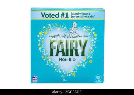 Box of Fairy non bio washing powder on a white background, UK laundry product