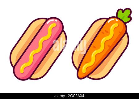 Cartoon hot dog icon, vegan carrot in bun and sausage with mustard. Funny veggie hotdog. Vector clip art illustration. Stock Vector