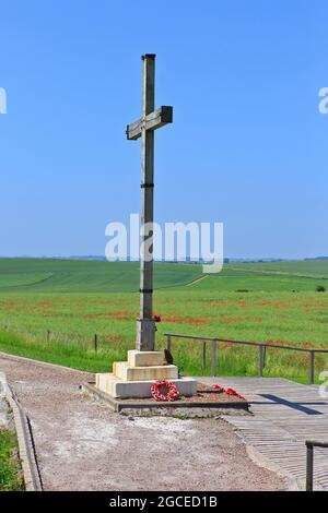 Commemorative cross for the World War I victims who died at the Lochnagar Crater in Ovillers-la-Boisselle (Somme), France Stock Photo