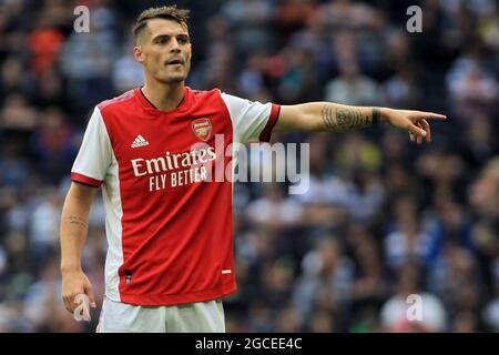 London, UK. 08th Aug, 2021. Granit Xhaka of Arsenal looks on. Pre-season friendly match, Tottenham Hotspur v Arsenal at the Tottenham Hotspur stadium in London on Sunday 8th August 2021. this image may only be used for Editorial purposes. Editorial use only, license required for commercial use. No use in betting, games or a single club/league/player publications. pic by Steffan Bowen/Andrew Orchard sports photography/Alamy Live news Credit: Andrew Orchard sports photography/Alamy Live News Stock Photo