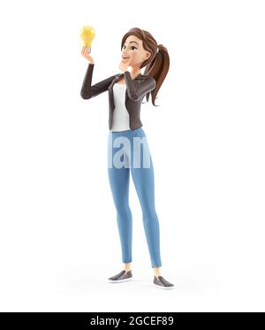 3d cartoon woman looking at light bulb, illustration isolated on white background Stock Photo