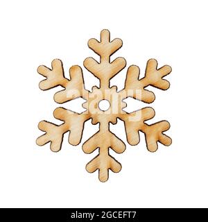 Wooden snowflake star decoration isolated on white background. Concepts of winter holidays, Christmas and New Year. Design element for greeting card. Stock Photo