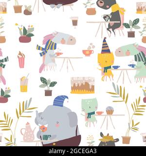 Seamless Pattern of Cute Cartoon Animals sitting in Cafe Stock Vector