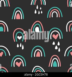 Bohemian hand drawn seamless pattern with rainbow and rain. Retro baby abstract naive background in boho style Stock Vector