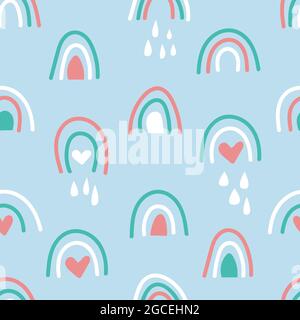 Bohemian hand drawn seamless pattern with rainbow and rain. Retro baby abstract naive background in boho style Stock Vector