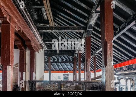 Kasthamandap, temple and shelter in Maru Tol Square, Kathmandu, destroyed in the 2015 Nepal earthquake. Interior view Stock Photo