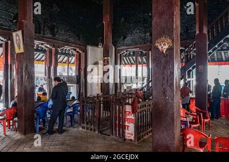 Kasthamandap, temple and shelter in Maru Tol Square, Kathmandu, destroyed in the 2015 Nepal earthquake. Interior view Stock Photo