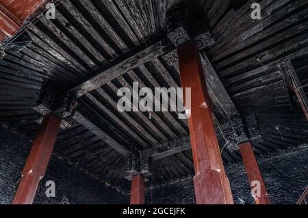 Kasthamandap, temple and shelter in Maru Tol Square, Kathmandu, destroyed in the 2015 Nepal earthquake. Interior view, detail of the ceiling. Stock Photo