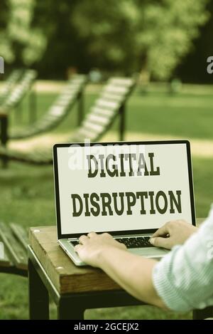 Sign displaying Digital Disruption. Word Written on transformation caused by emerging digital technologies Online Jobs And Working Remotely Connecting Stock Photo