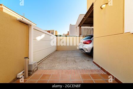 Car shelter in a beach house, Vera, Almeria province, Andalusia Region, Spain. Stock Photo