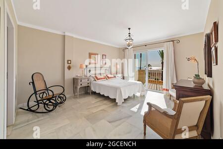 Master bedroom, beach house in Vera, Almeria province, Andalusia Region, Spain. Stock Photo