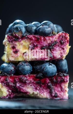 Piece of homemade blueberry cheesecake on dark background, close up, macro Stock Photo