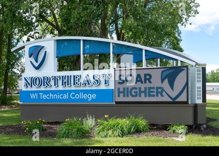 GREEN BAY, WI,USA - JUNE 21, 2021 - Entrance sign and trademark logo to Northeast Wisconsin Technical College. Stock Photo