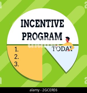 Writing displaying text Incentive Program. Word Written on specific scheme used to promote certain action or behavior Man Drawing Holding Pie Chart Stock Photo