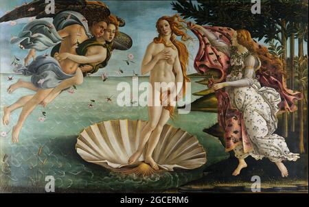 Title: The Birth of Venus Creator: Sandro Botticelli Date: c.1485 Medium: Tempera on canvas Dimension: 172.5 x 278.5 cm Location: Galleria degli Uffizi, Florence Stock Photo