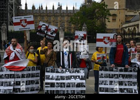 London, UK. 08th Aug, 2021. The Belarusian anti-government protest declared the Belarusian government a regime of an incident of a Belarusian journalist at Parliament Square, London, UK. in UK we have WikiLeaks  Julian Assange Credit: Picture Capital/Alamy Live News Stock Photo