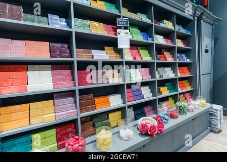 23 February 2021, Dubai, UAE: Handmade Scented soap shelves from Marseille Stock Photo