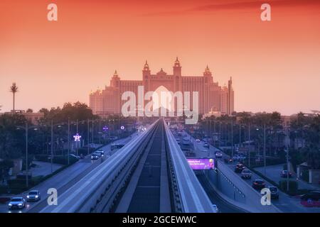 23 February 2021, Dubai, UAE: View of the famous Atlantis Hotel from the cab of a modern monorail train while traveling on the artificial Palm Jumeira Stock Photo