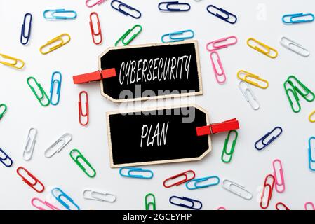 Text sign showing Cybersecurity Plan. Conceptual photo Techniques of protecting computer and system from attacks Creative Home Recycling Ideas And Stock Photo