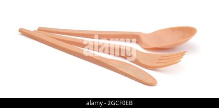 Eco disposable cutlery set isolated on white. Stock Photo