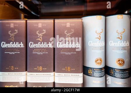26 February 2021, Dubai, UAE: Glenfiddich the famous Scotch whisky is sold in Dubai duty free