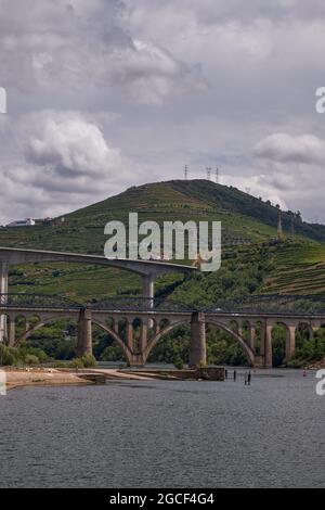 Concrete and Stone Bridges - View from the Cruise Boat in Douro River Valley - Port Wine Region with Farms Terraces Carved in Mountains - Peso da Régu Stock Photo