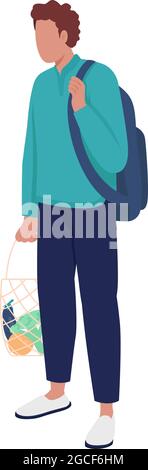Young man with reusable string bag semi flat color vector character Stock Vector