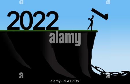 A man tosses away the number one over a cliff after assembling the new year 2022 numbers in this 3-d illustration.