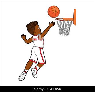 A young black basketball player throws the ball into the basket. Vector illustration in cartoon style Stock Vector