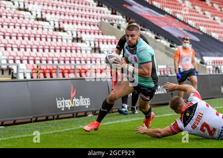 Leigh, UK. 08th Aug, 2021. Greg Minikin (3) of Hull KR goes over for a try to make it 4-8 in Leigh, United Kingdom on 8/8/2021. (Photo by Simon Whitehead/News Images/Sipa USA) Credit: Sipa USA/Alamy Live News Stock Photo