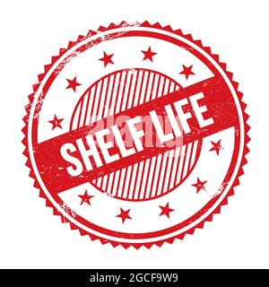 SHELF LIFE text written on red grungy zig zag borders round stamp. Stock Photo