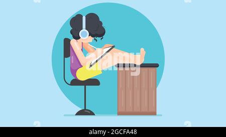 A girl is sitting on chair puted her leg on table, wearing headphones, working on tab. Isometric girl designer working with graphic tablet. Stock Vector
