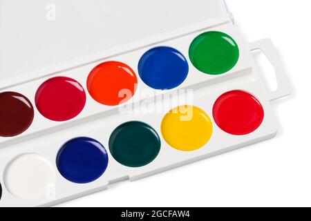 Palette with watercolors isolated on white background Stock Photo