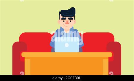 Young man sitting on sofa in room, working using laptop. Freelance, online education or social media concept. Lifestyle scenes vector illustration. Stock Vector