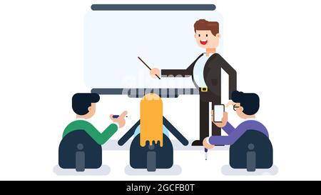 Young Businessman Giving Presentation to Colleagues in a meeting room. Man giving speech or presentation on a whiteboard. Stock Vector