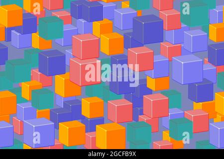 Blue Green Red Cubes Seamless Pattern, 3D Illustration on Blue Background Stock Vector
