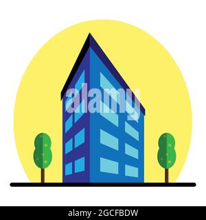 City multi storey building exterior view with windows and outside trees in flat style. Modern high-rise apartment or office building. Stock Vector