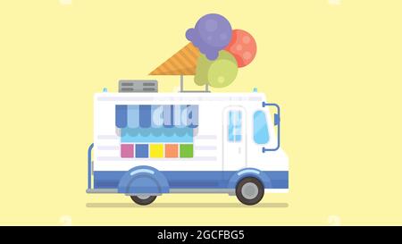 Colorful Flat style Ice Cream Truck. mobile shop, Ice cream van. Ice cream street food caravan trailer, Vector illustration. Stock Vector