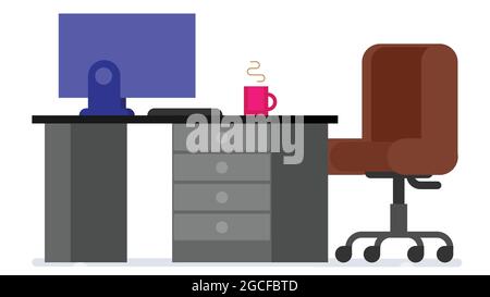Home or office desk with pedestal drawer, castors chair, computer and coffee cup. Flat style work table vector illustration. Stock Vector