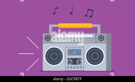 Old fashioned music player, ghetto blaster boombox radio. Flat style cassette player and tape recorder vector illustration. Stock Vector