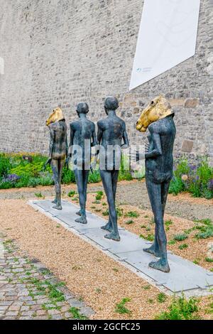 July, 2021, Erfurt Germany. New sculptures in golden horse masks Stock Photo