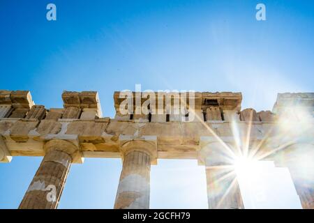 View on Architecture detail of Pantheon temple in Acropolis, Athens Greece Stock Photo