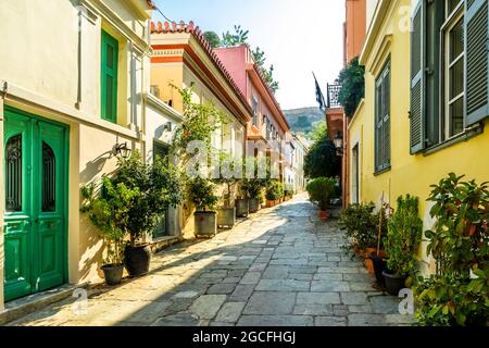 Buildings in the district of Plaka in Athens by the Acropolis Stock Photo