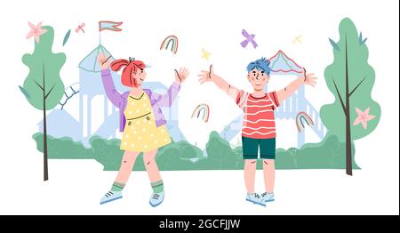 Word summer with colorful and happy kids Stock Vector