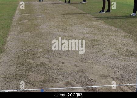The pitch at the picturesque Army Ordinance cricket grounds. Dombagoda. Sri Lanka.