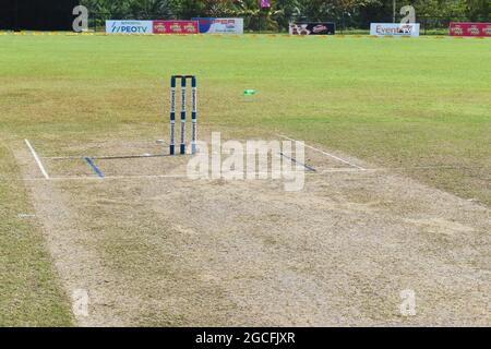 The pitch at the picturesque Army Ordinance cricket grounds. Dombagoda. Sri Lanka.
