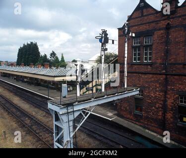 Loughborough, UK - 3 July 2021: Old semaphore signals on Loughborough Central station. Stock Photo