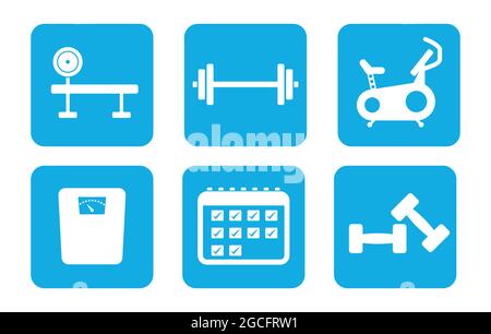 Gym sport training symbol set with dumbbell barbell weight training plan and hometrainer vector illustration icons Stock Vector