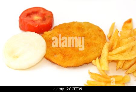 cooked chicken burger with french fries potato and a slice of onion and tomato isolated on white background, home made fast food, junk food concept Stock Photo